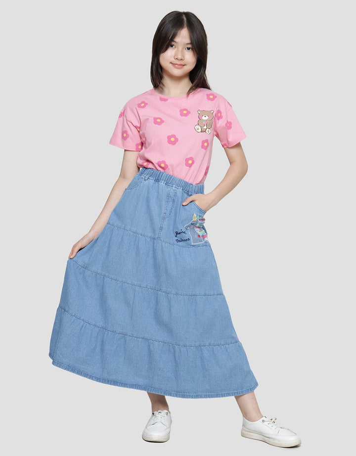 Aero Susun Bordir Unicorn Rok Panjang Denim Anak Perempuan