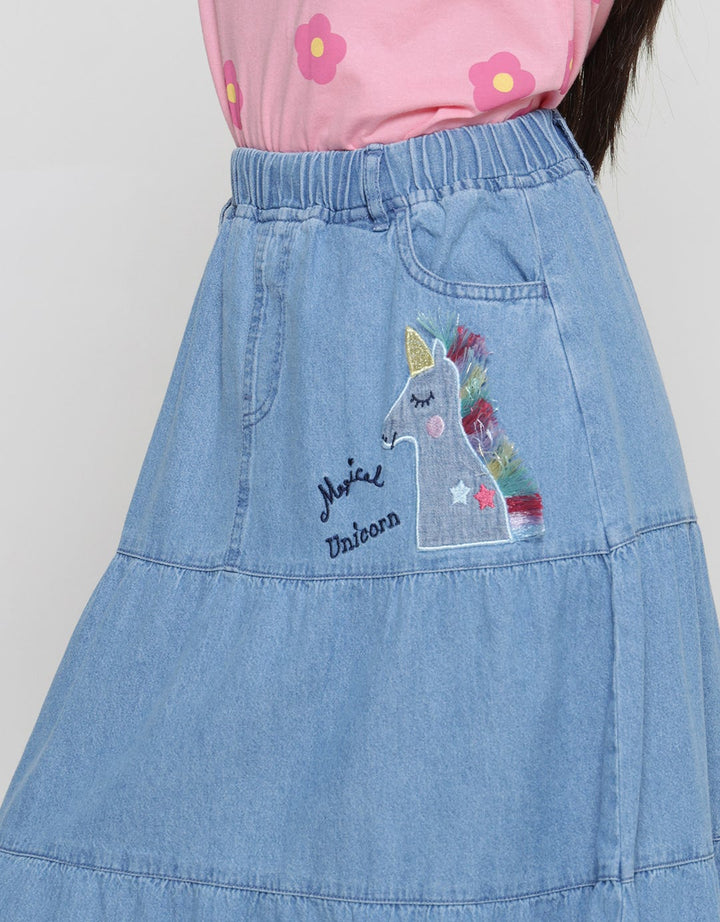 Aero Susun Bordir Unicorn Rok Panjang Denim Anak Perempuan