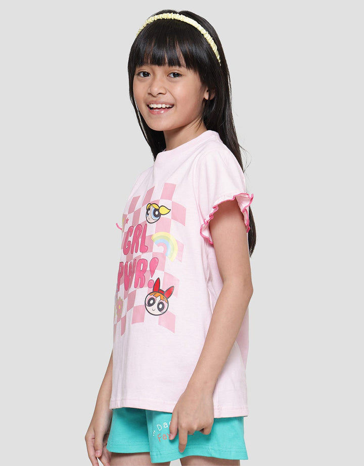 Character Power Puff Girl Lengan Kotak-Kotak Kaos Anak Perempuan
