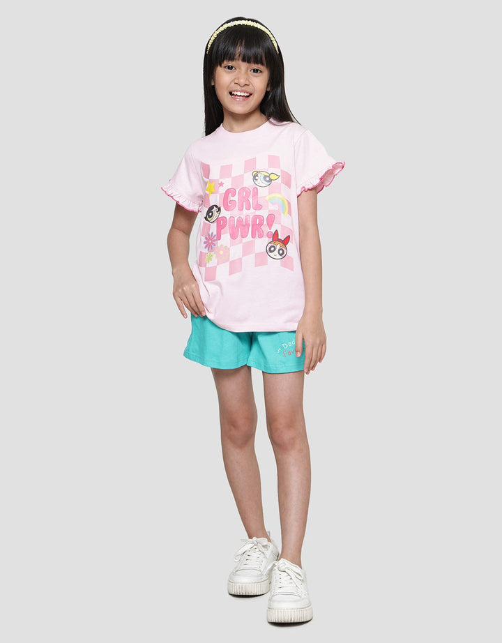 Character Power Puff Girl Lengan Kotak-Kotak Kaos Anak Perempuan