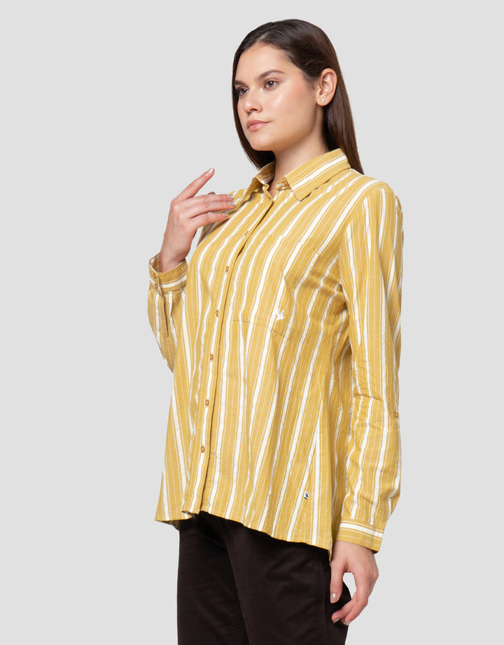 Cardinal Girl Print Full Stripe Kemeja Lengan Panjang Wanita