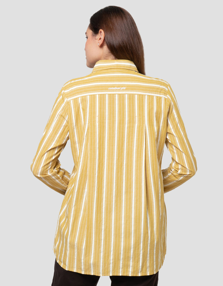 Cardinal Girl Print Full Stripe Kemeja Lengan Panjang Wanita