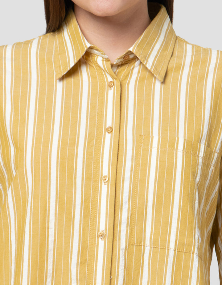 Cardinal Girl Print Full Stripe Kemeja Lengan Panjang Wanita