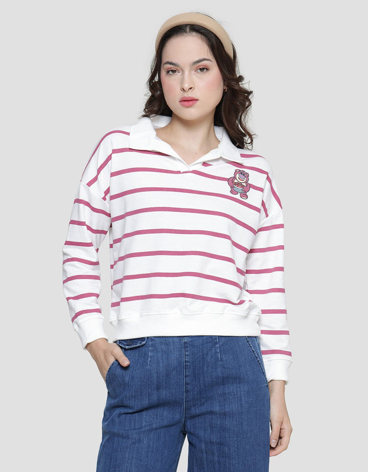 Disney Collar Stripe Lotso Print Sweater Wanita