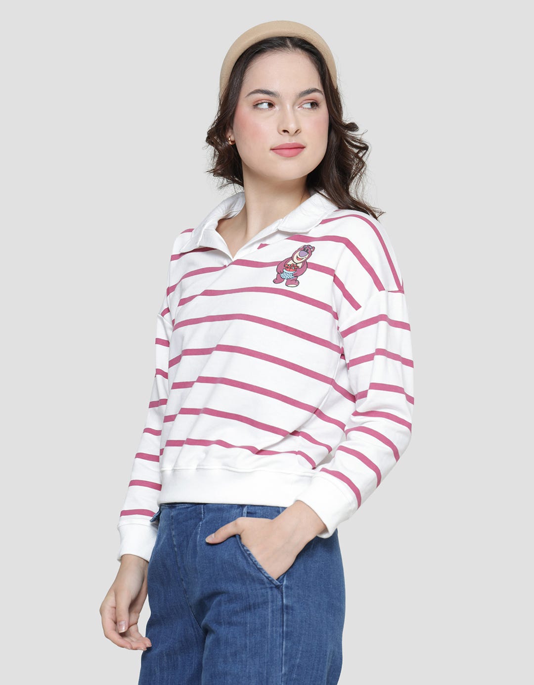 Disney Collar Stripe Lotso Print Women's Sweater