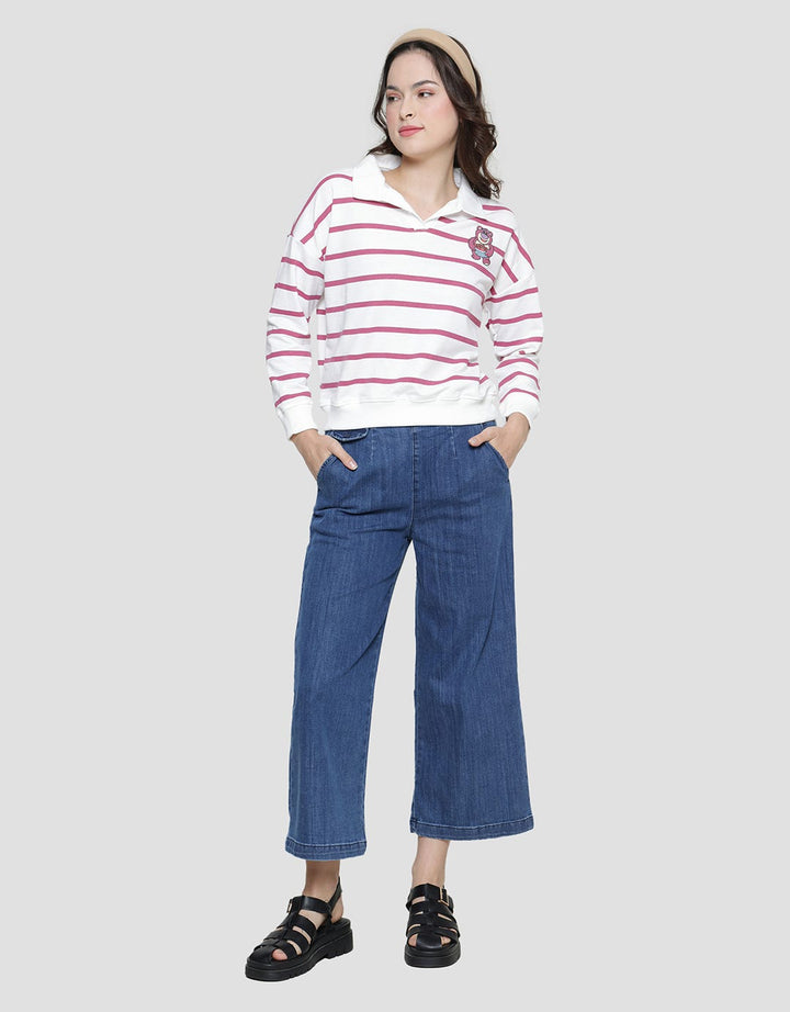 Disney Collar Stripe Lotso Print Sweater Wanita