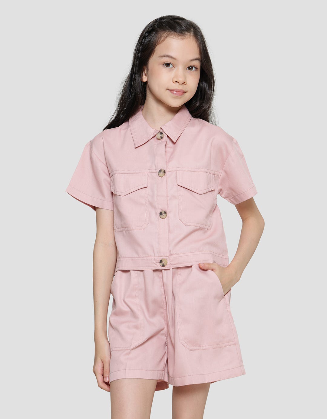 Aero Woven Collar Pockets Girls Dress Set