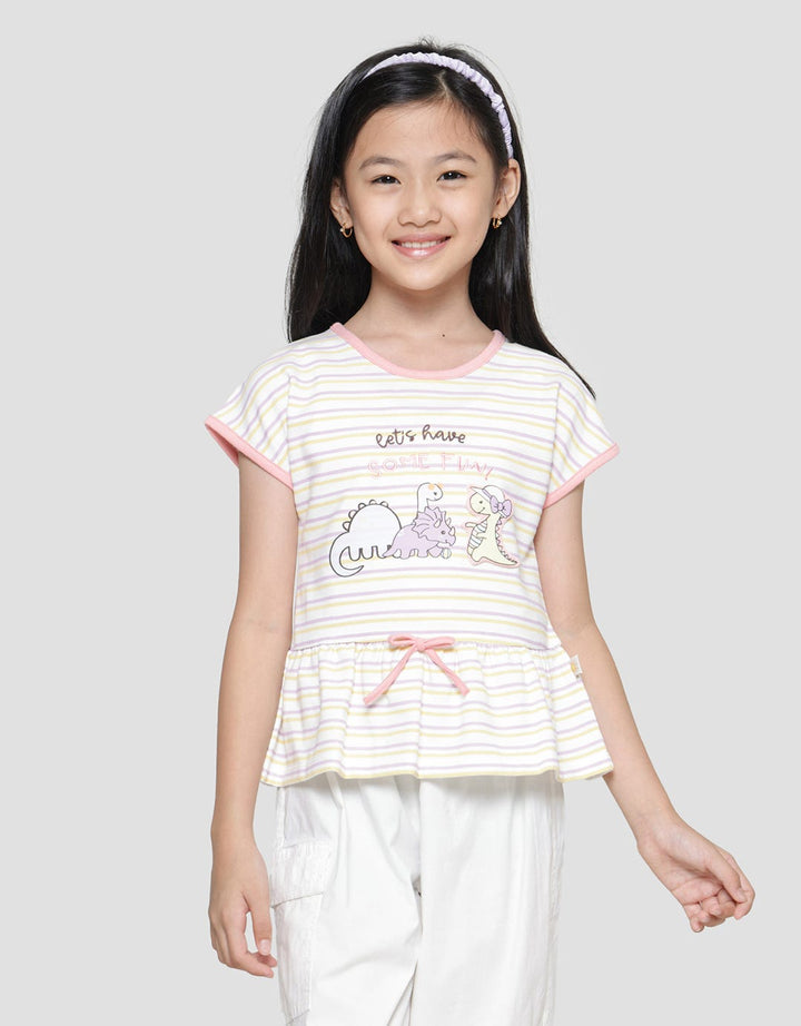 Little M Stripe Dino Anak Kaos Lengan Pendek Anak Perempuan