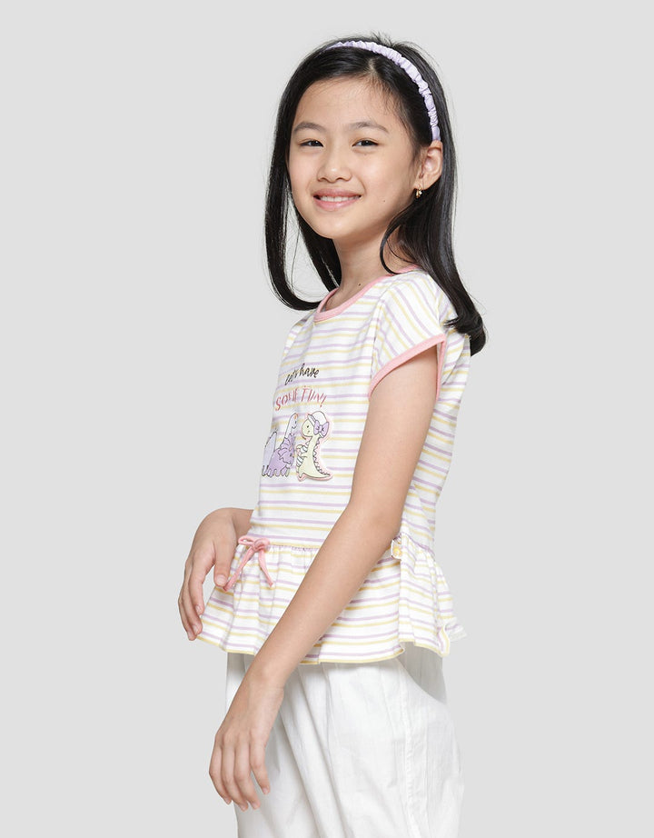 Little M Stripe Dino Anak Kaos Lengan Pendek Anak Perempuan