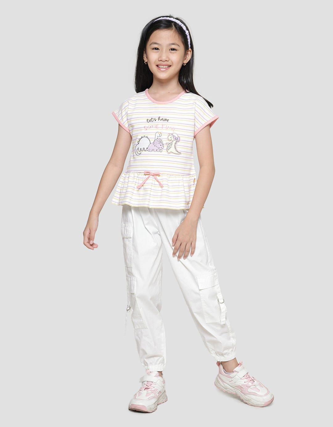 Little M Stripe Dino Anak Kaos Lengan Pendek Anak Perempuan
