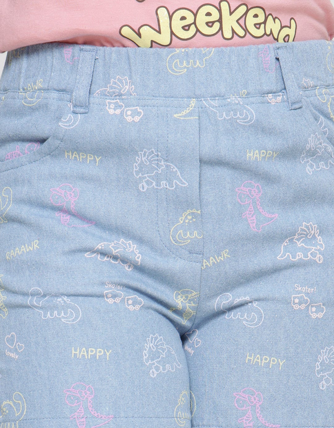 Little M Woven Full Print Dino Girls Shorts