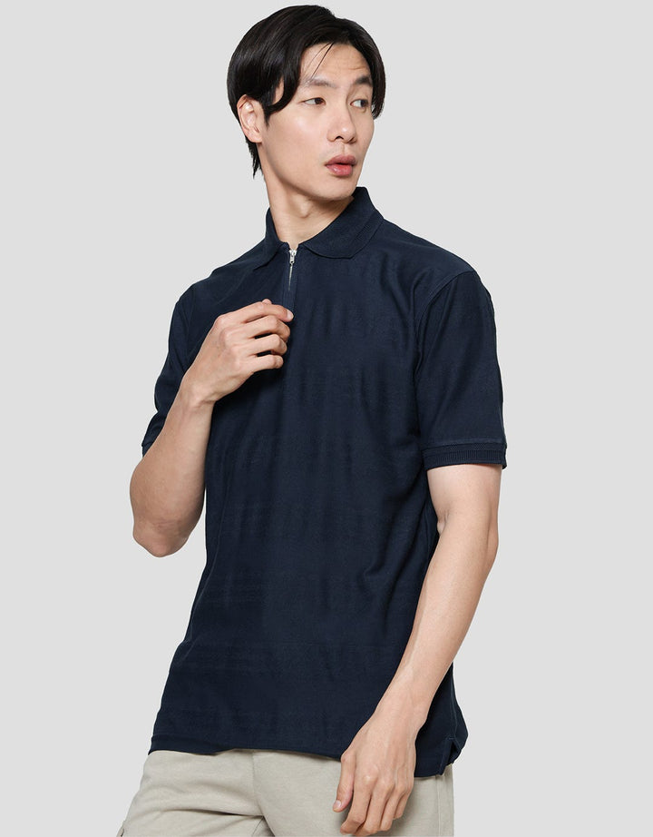 Cole Stripes Mix Texture Zipper Men's Short Sleeve Collar T-Shirt