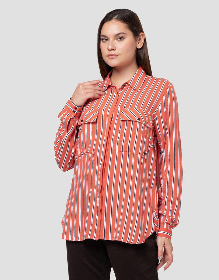 Cardinal Girl Double Pocket Kemeja Lengan Panjang Wanita