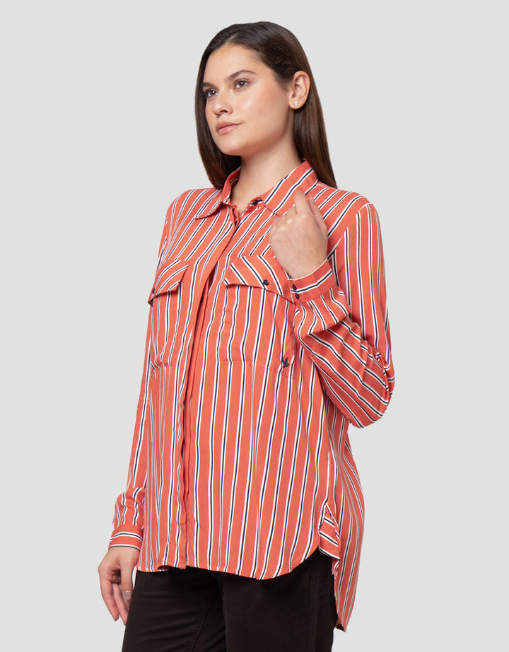Cardinal Girl Double Pocket Kemeja Lengan Panjang Wanita
