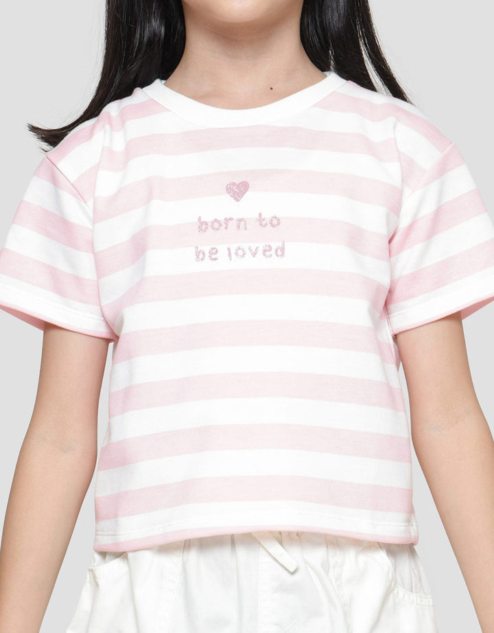 Little M Stripe Born To Be Loved Girls Short Sleeve T-Shirt