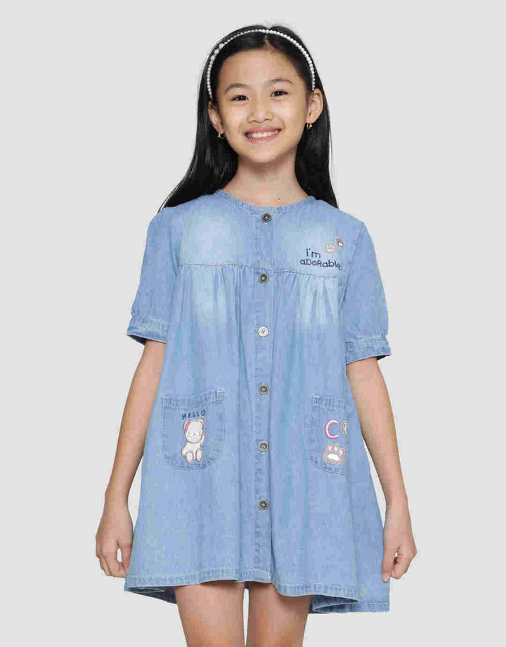 Little M Puff Embroidery Bear Dress for Girls