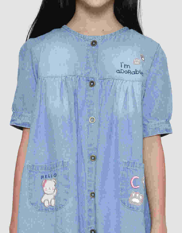 Little M Puff Embroidery Bear Dress for Girls