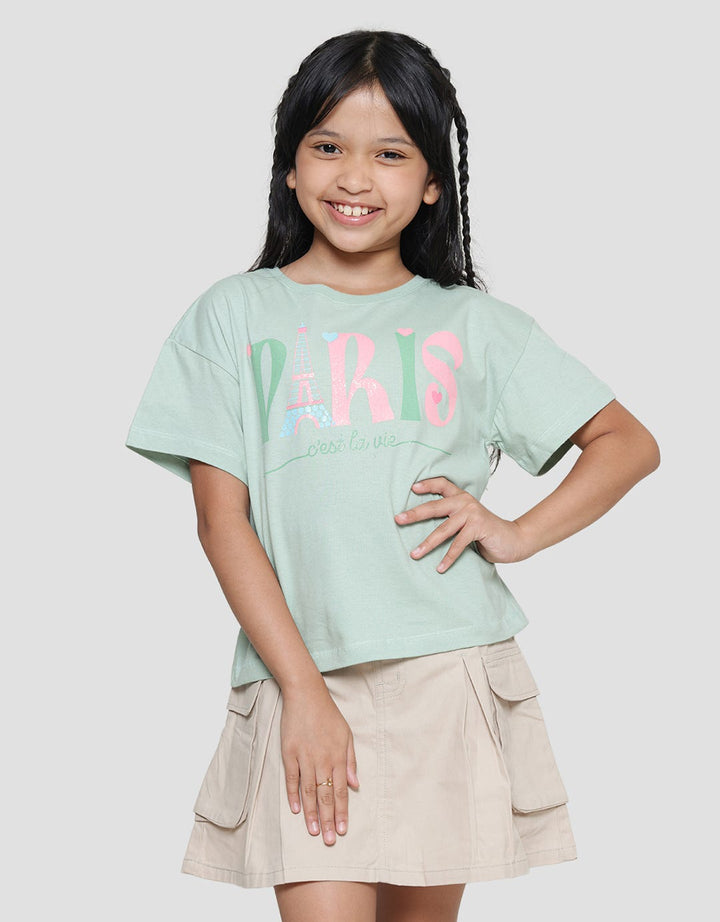 Aero Paris Eiffel Love Print Kaos Lengan Pendek Anak Perempuan
