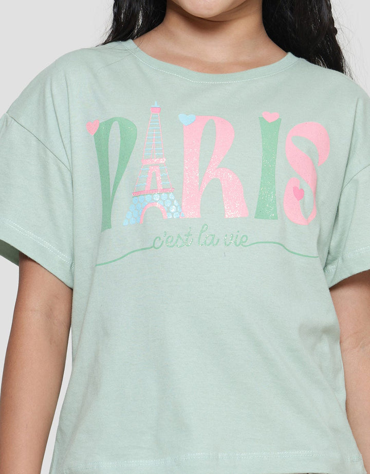 Aero Paris Eiffel Love Print Kaos Lengan Pendek Anak Perempuan