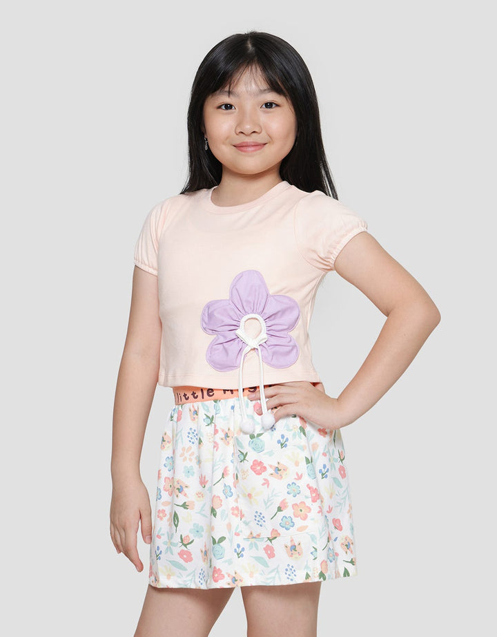 Little M Puff Flower Applique Girls Short Sleeve T-Shirt
