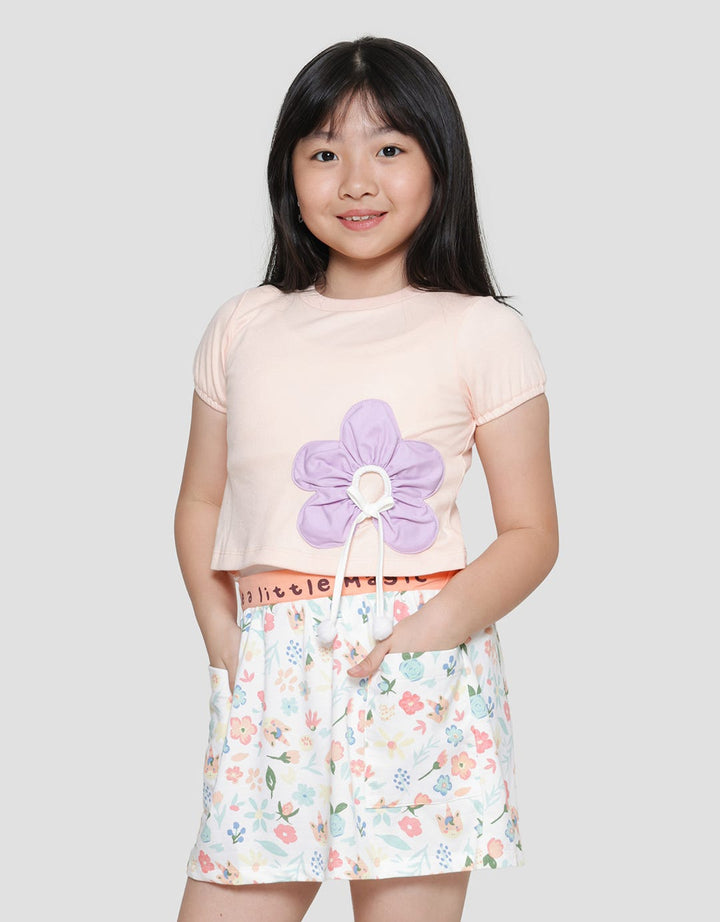 Little M Puff Flower Applique Girls Short Sleeve T-Shirt