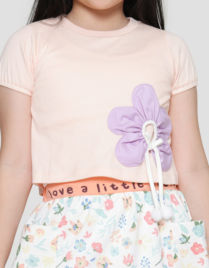 Little M Puff Flower Applique Girls Short Sleeve T-Shirt