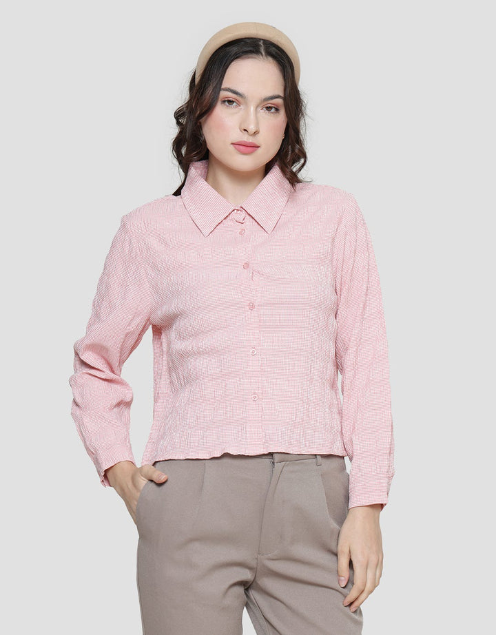 Details Gingham Small Check Basic Kemeja Lengan Panjang Wanita