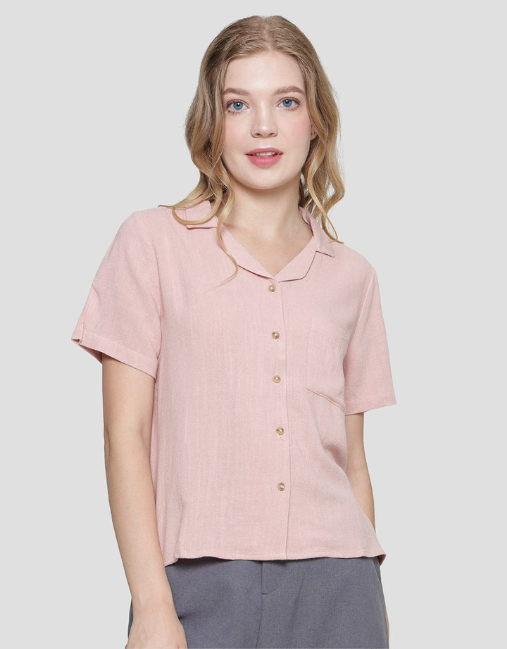 Connexion Resort Collar Linen Blend Kemeja Lengan Pendek Wanita