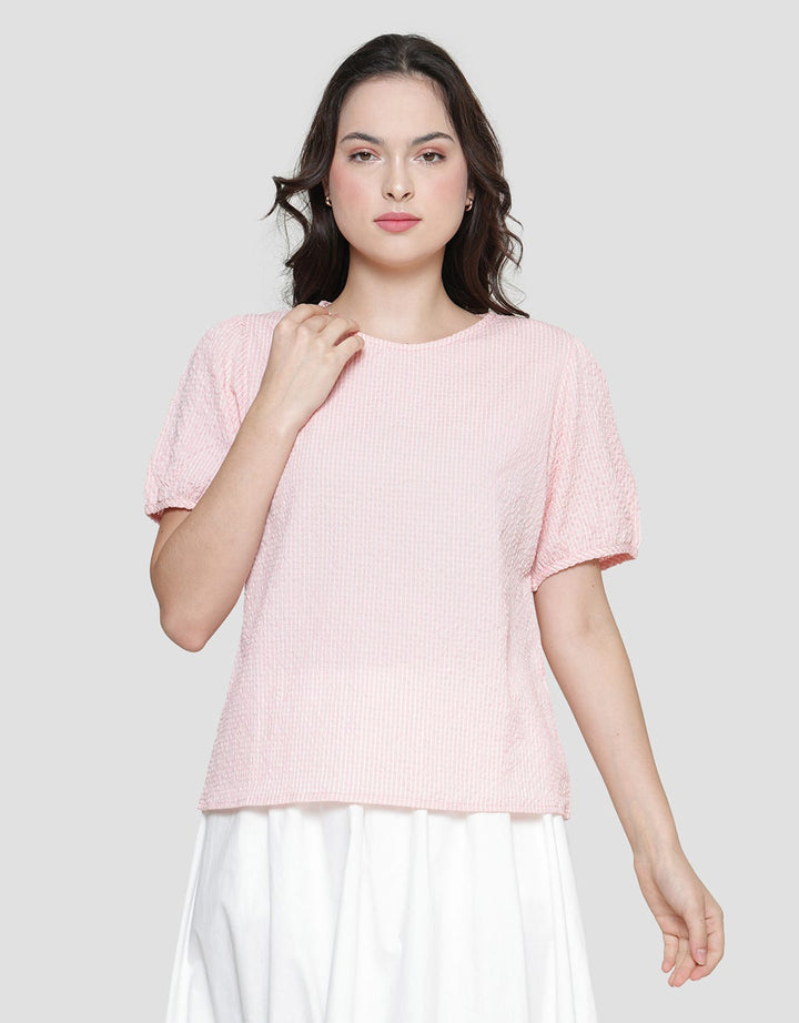 Details Wrinkle Stripes Blouse Lengan Pendek Wanita