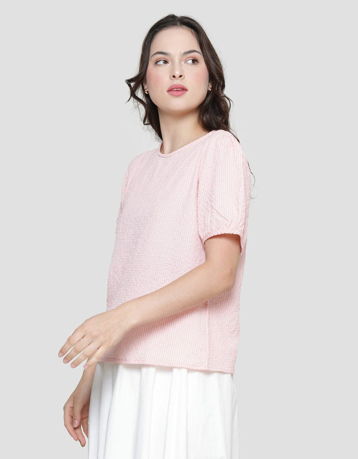Details Wrinkle Stripes Blouse Lengan Pendek Wanita