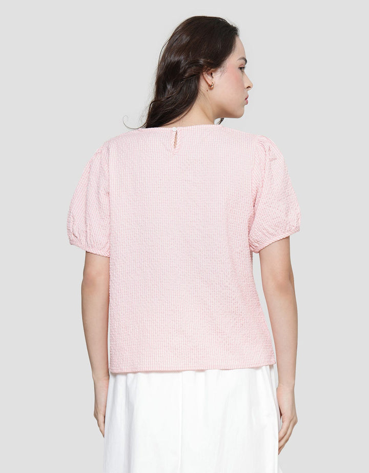 Details Wrinkle Stripes Blouse Lengan Pendek Wanita
