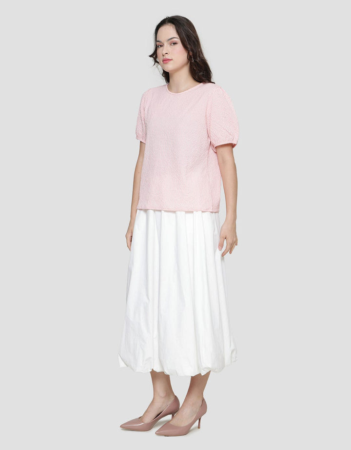 Details Wrinkle Stripes Blouse Lengan Pendek Wanita