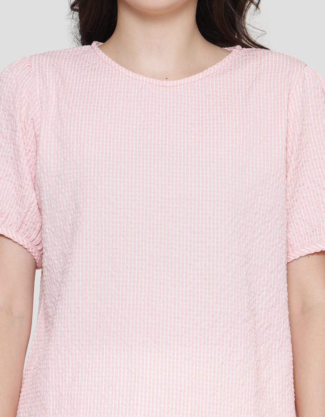 Details Wrinkle Stripes Blouse Lengan Pendek Wanita