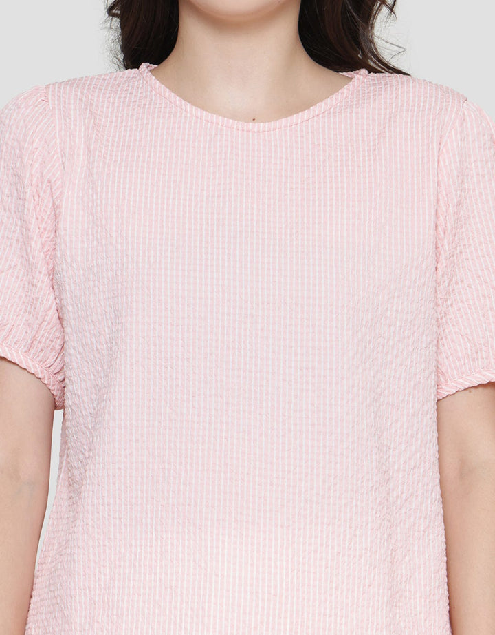 Details Wrinkle Stripes Blouse Lengan Pendek Wanita