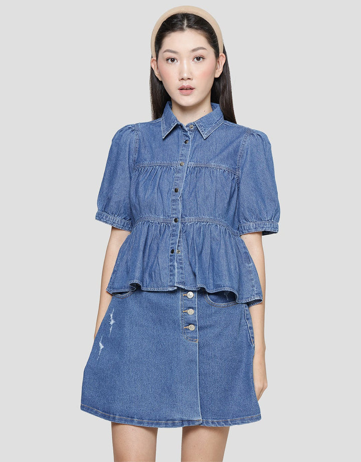Details Tier Top Blouse Denim Wanita