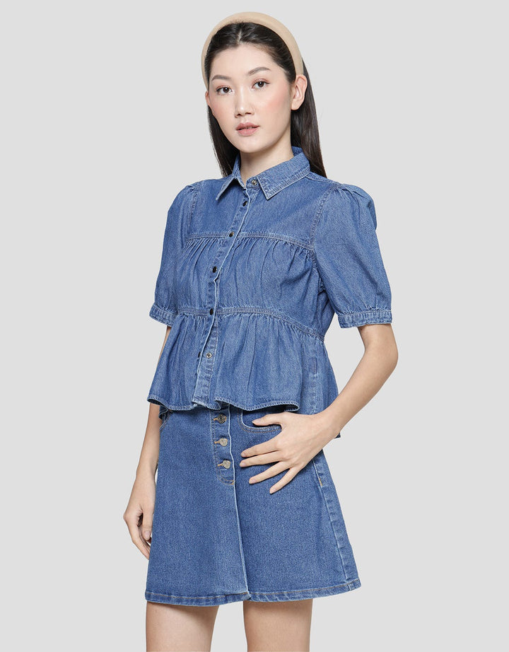 Details Tier Top Blouse Denim Wanita