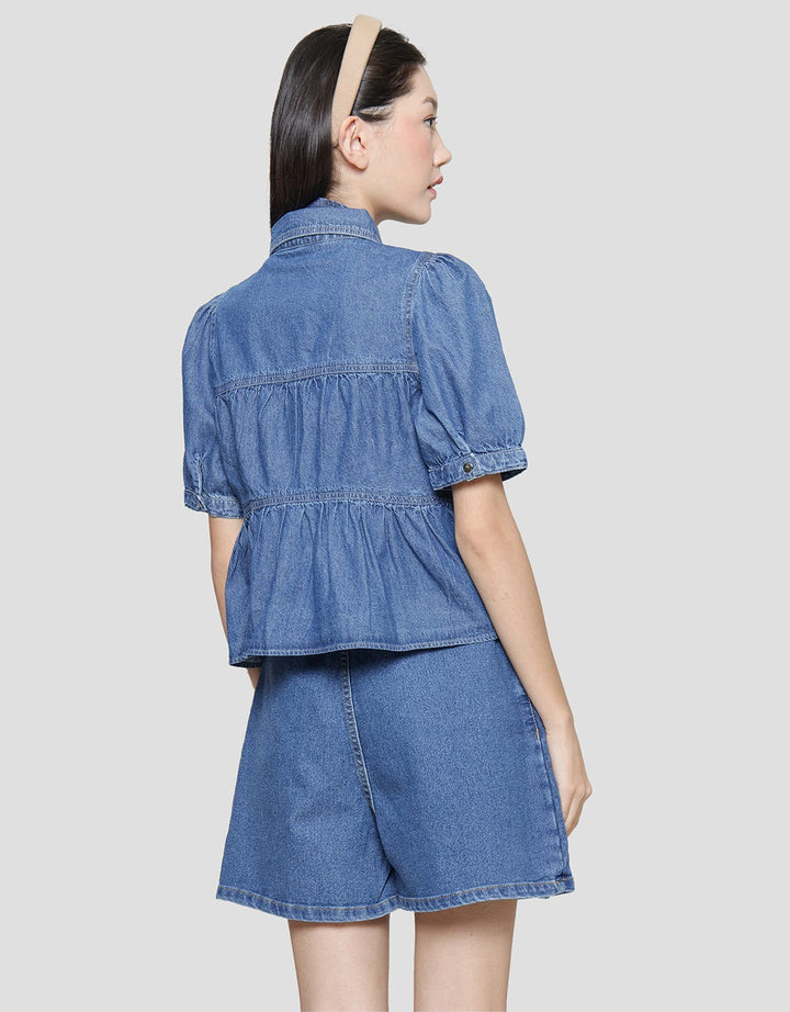 Details Tier Top Blouse Denim Wanita