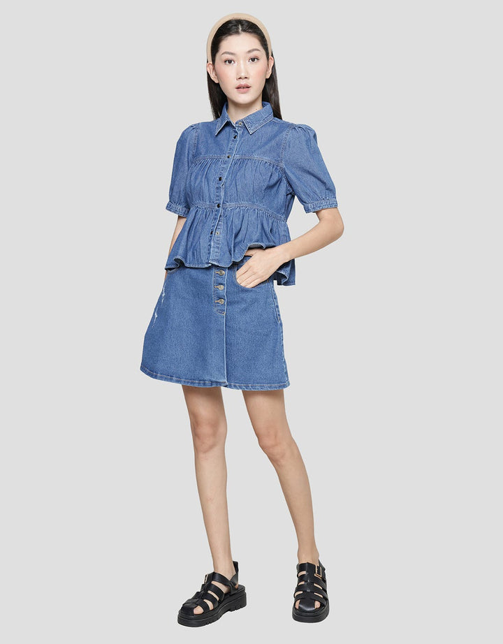 Details Tier Top Blouse Denim Wanita
