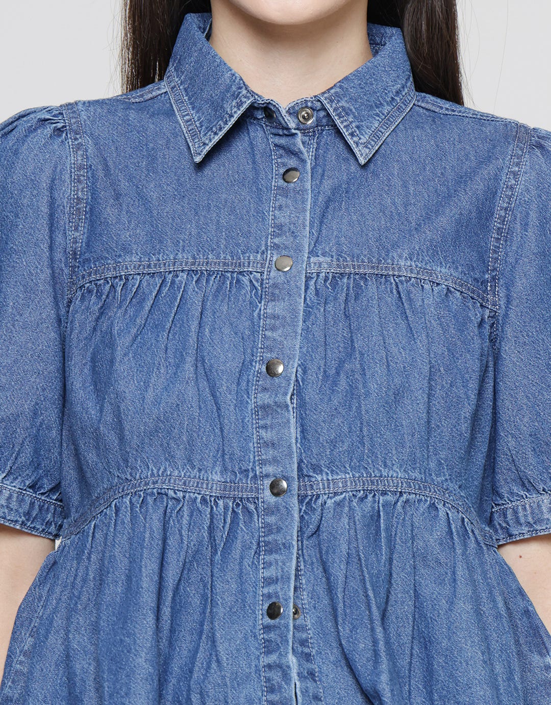 Details Tier Top Blouse Denim Wanita