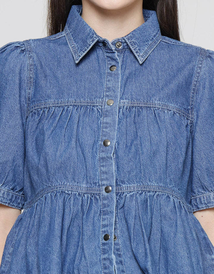 Details Tier Top Blouse Denim Wanita