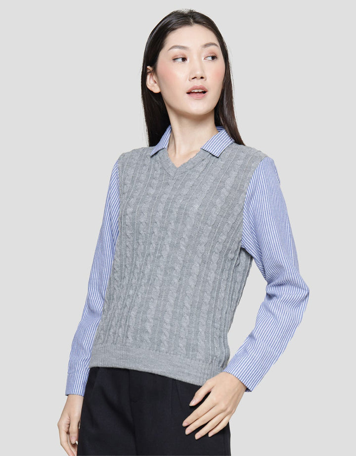 Details Knit Top Stripes Kemeja Lengan Panjang Wanita