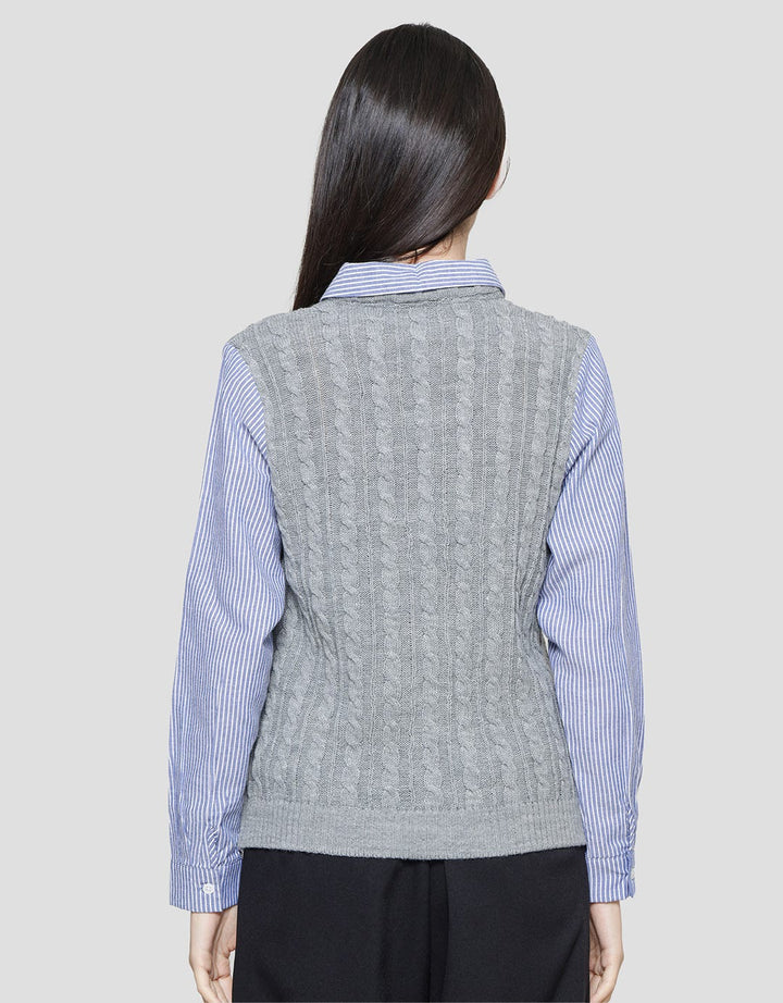Details Knit Top Stripes Kemeja Lengan Panjang Wanita