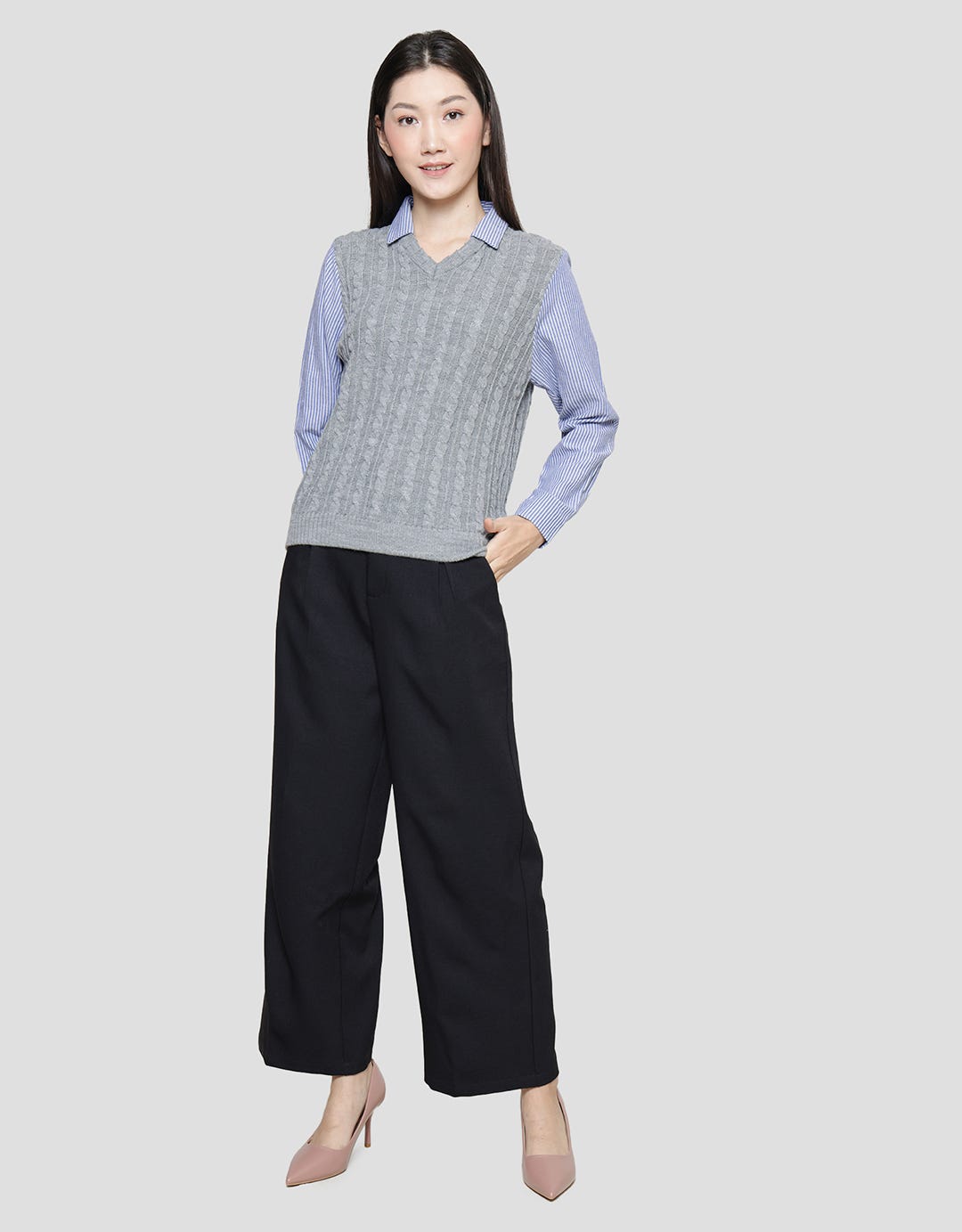 Details Knit Top Stripes Kemeja Lengan Panjang Wanita