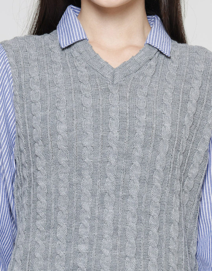 Details Knit Top Stripes Kemeja Lengan Panjang Wanita