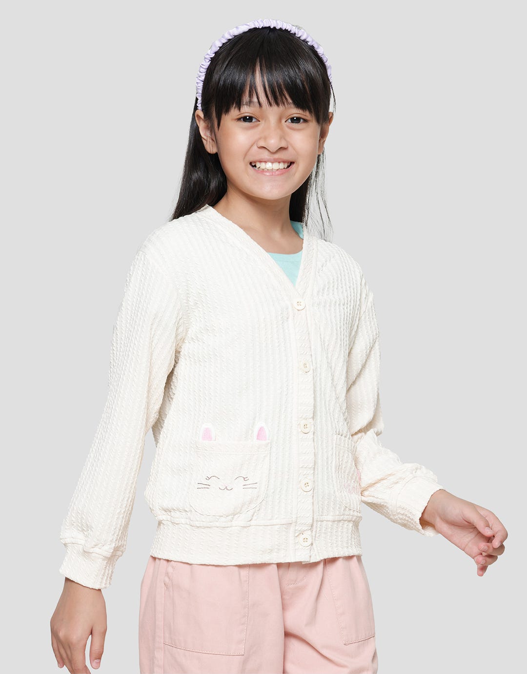 Little M Texture Kantong Aplikasi Ikan Cardigan Anak Perempuan