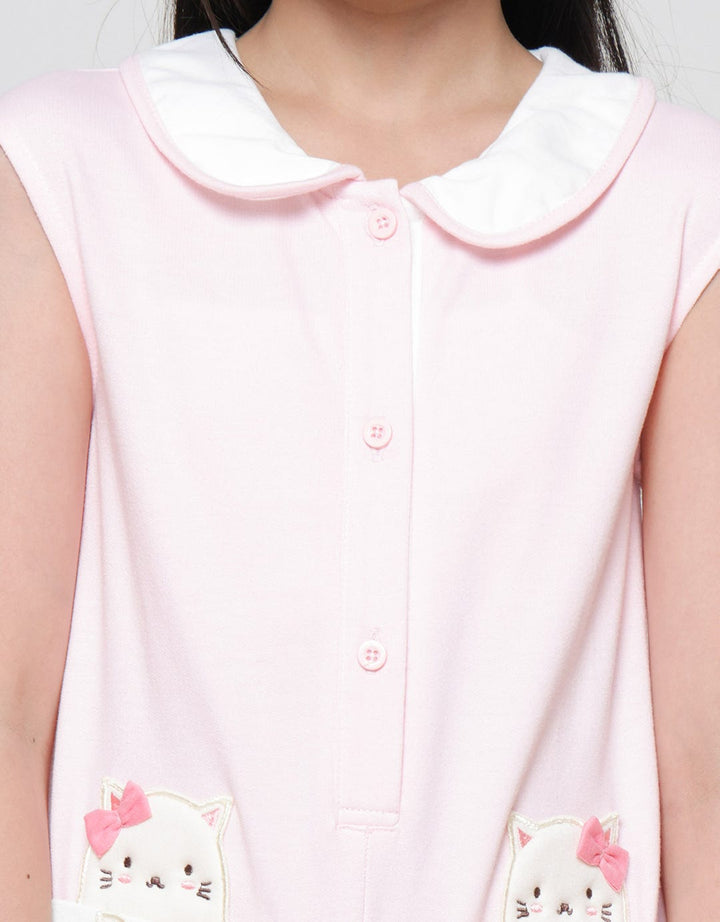 Little M Kerah Kantong Aplikasi Kucing Jumpsuit Anak Perempuan