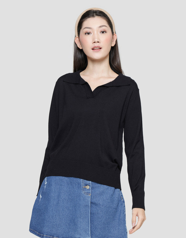 Connexion Kerah V Neck Rajut Kaos Lengan Panjang Wanita