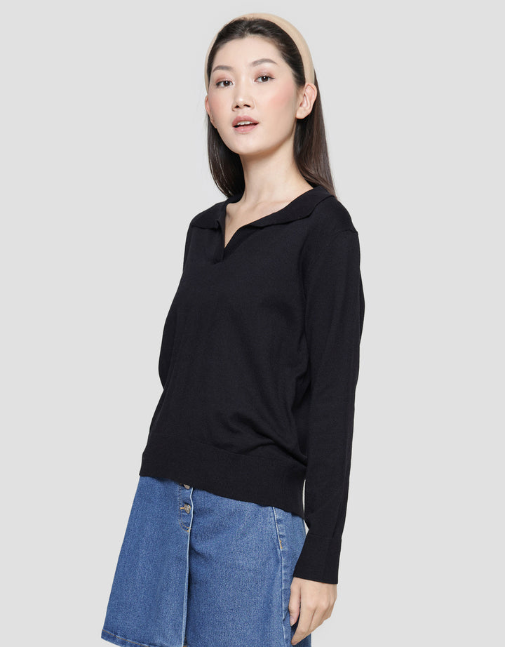 Connexion Kerah V Neck Rajut Kaos Lengan Panjang Wanita