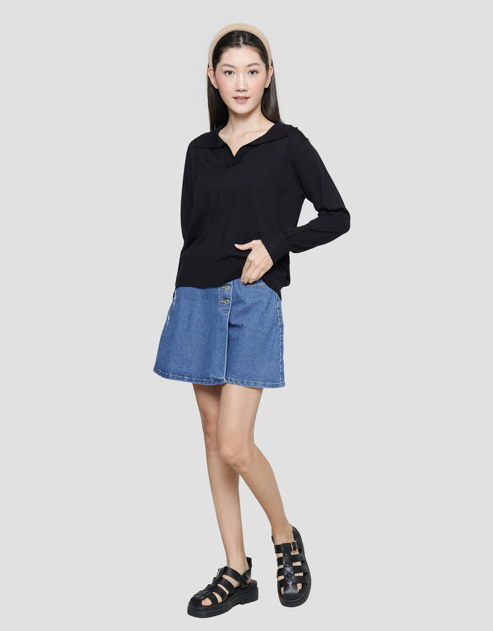 Connexion Kerah V Neck Rajut Kaos Lengan Panjang Wanita