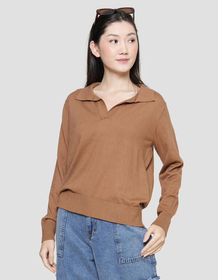 Connexion Kerah V Neck Rajut Kaos Lengan Panjang Wanita